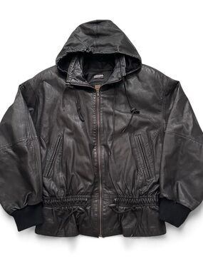 Men's Black Leather Hooded Bomber Jacket hoodie M